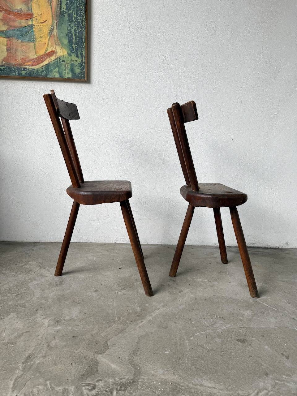 Pair of Savoyard tripod chairs, folk art, oak.