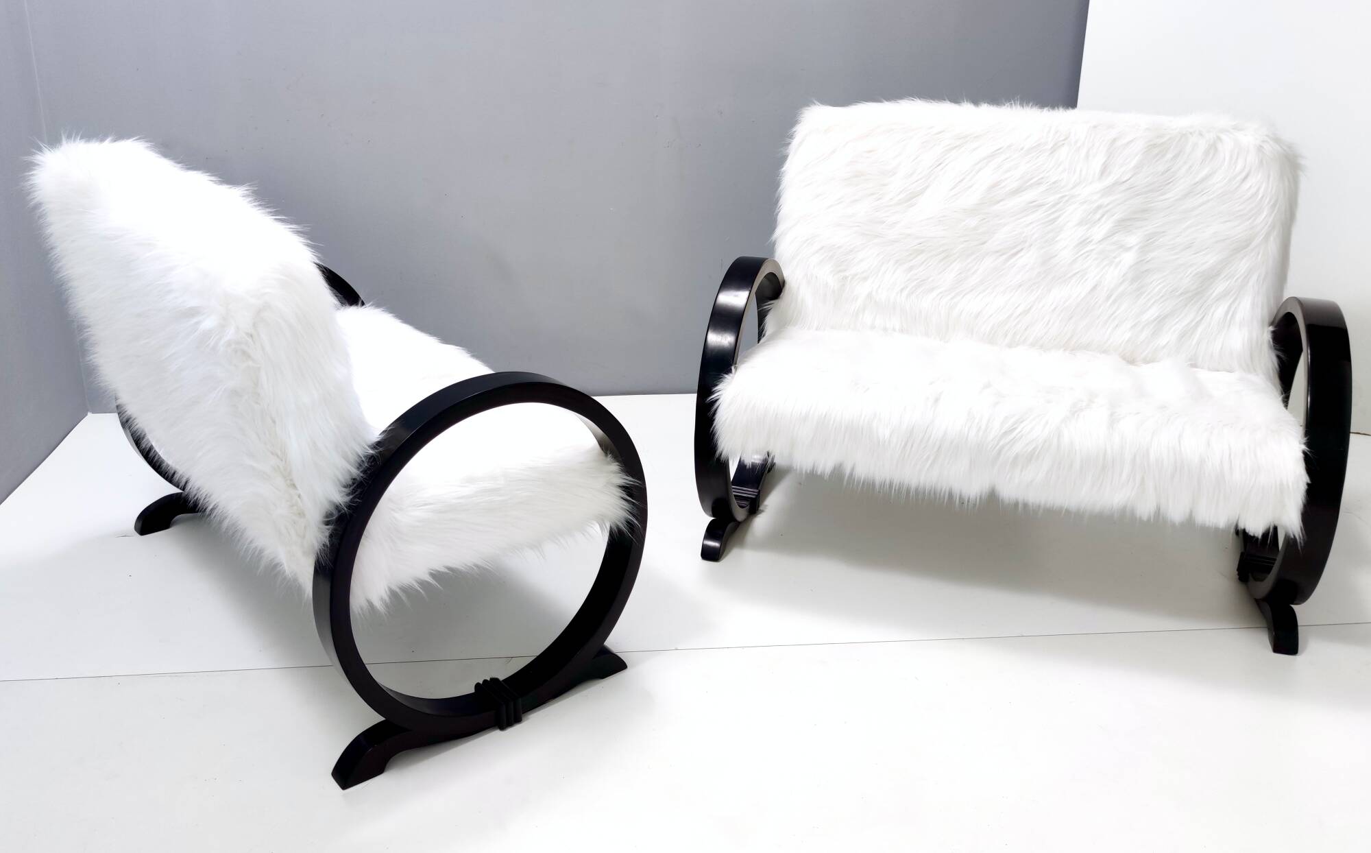 Vintage White Faux Fur Sofa with Black Wooden Frame, Italy