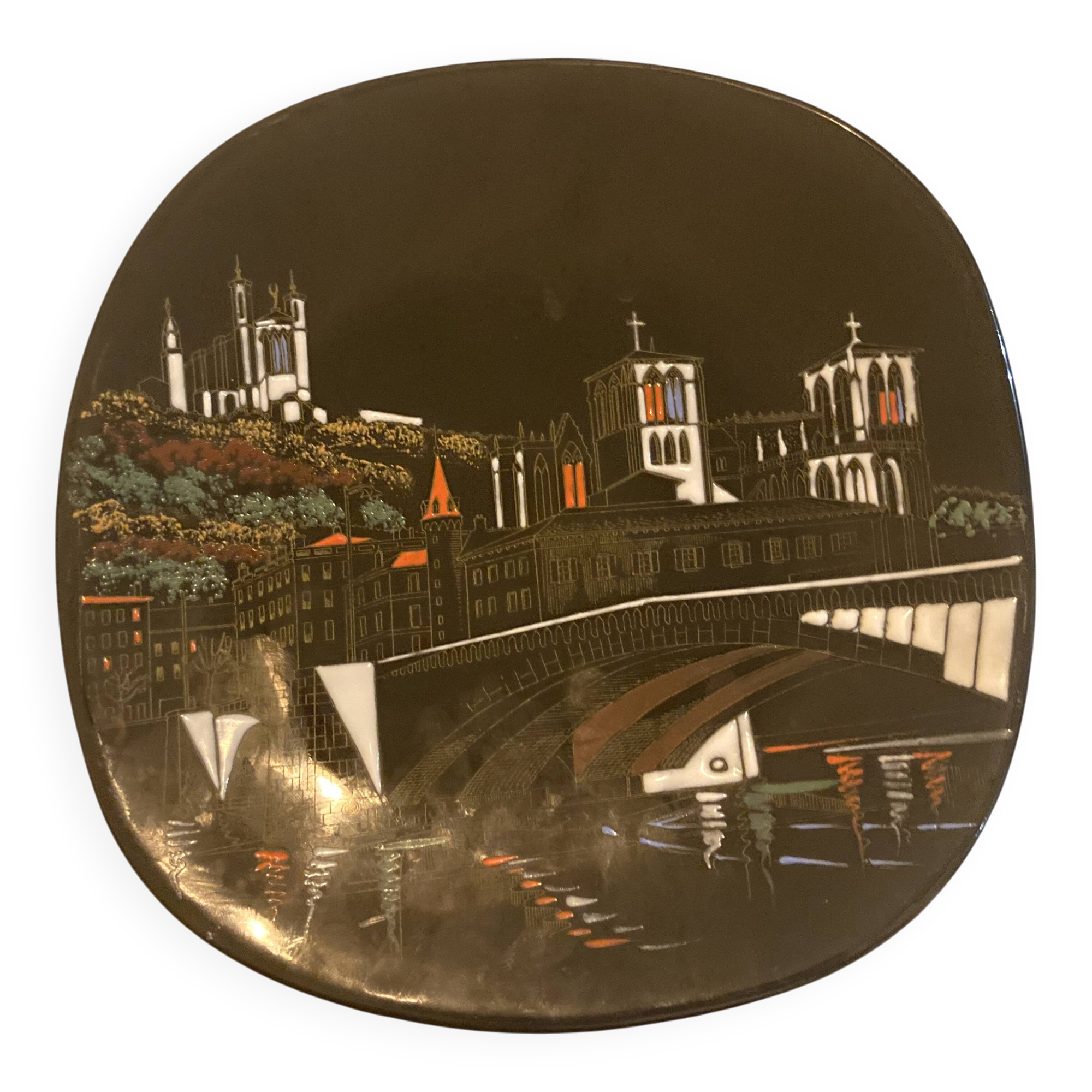 Decorative wall plate Longwy Grand Feu n°3632 Lyon at night - hand decorated