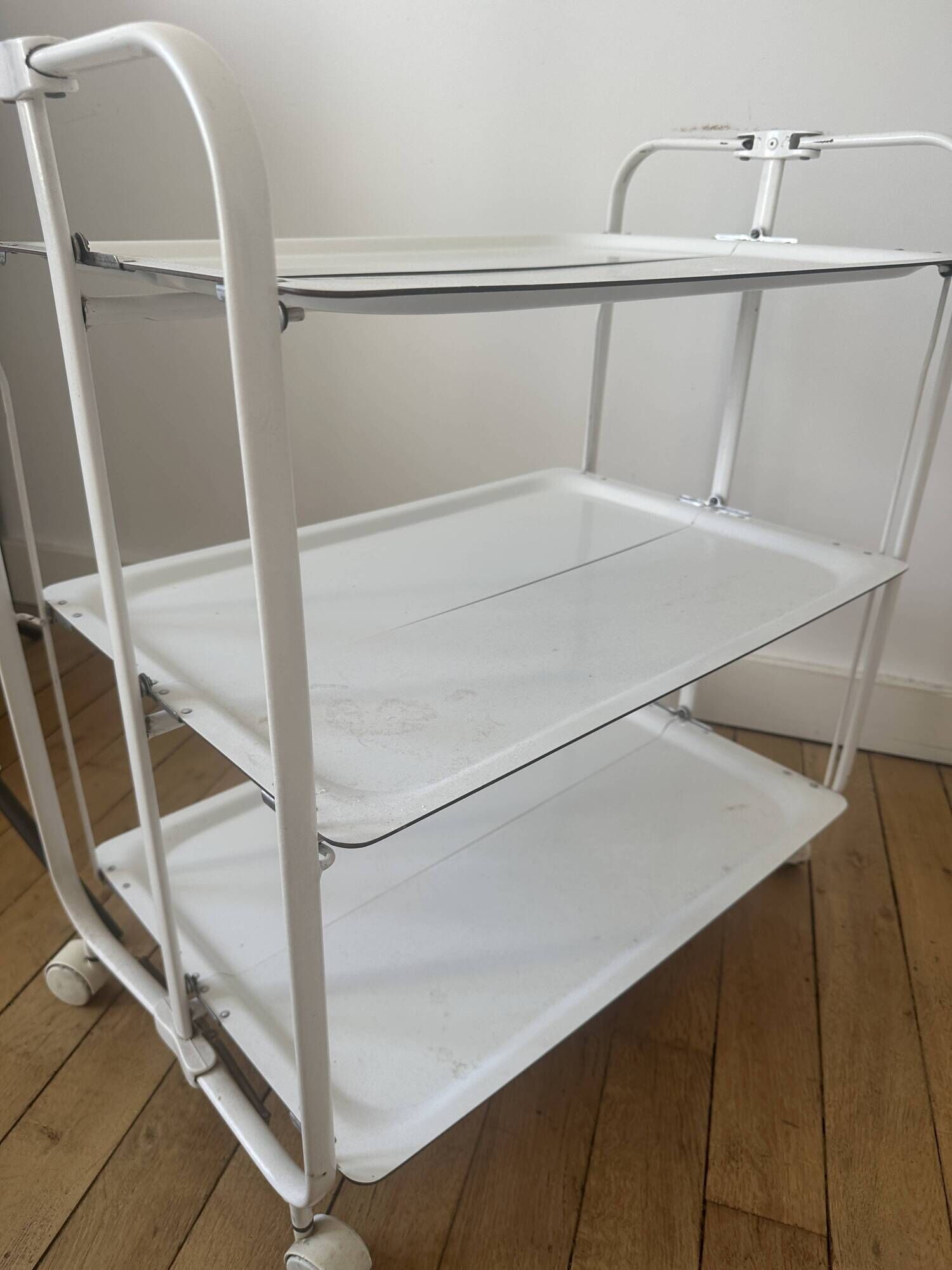 Vintage folding dessert trolley on wheels, 3 white shelves
