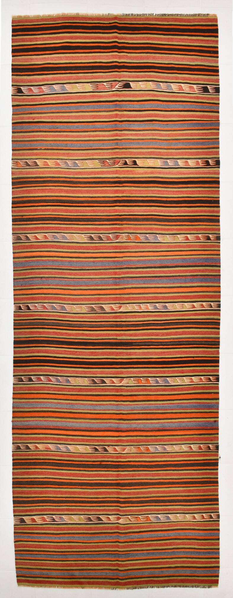 5x13 Long Wide Printsripe Vintage Kilim Rug, 145x410 Cm