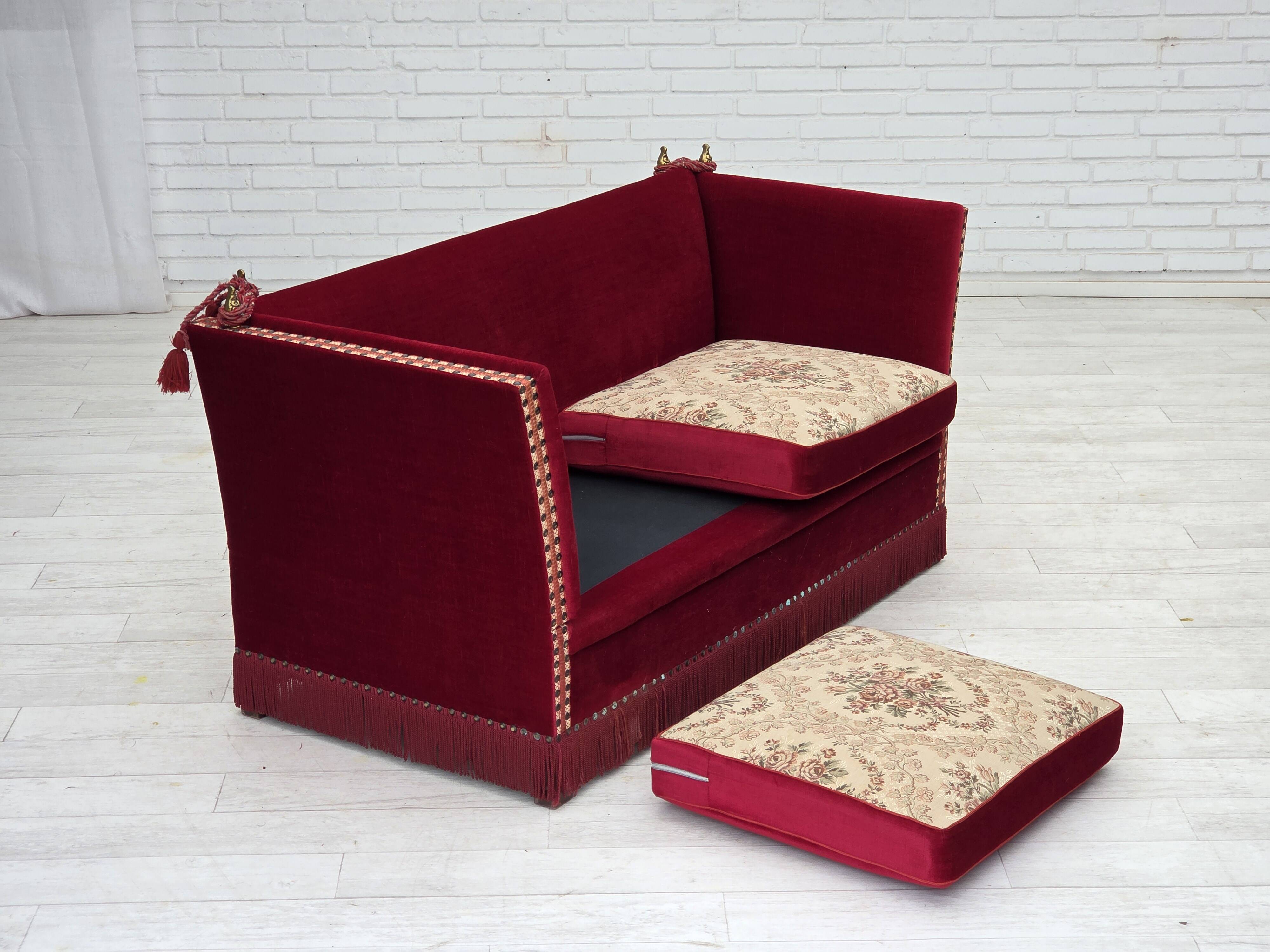 1970s, Danish "Spanish" sofa, furniture velour, ash wood legs.