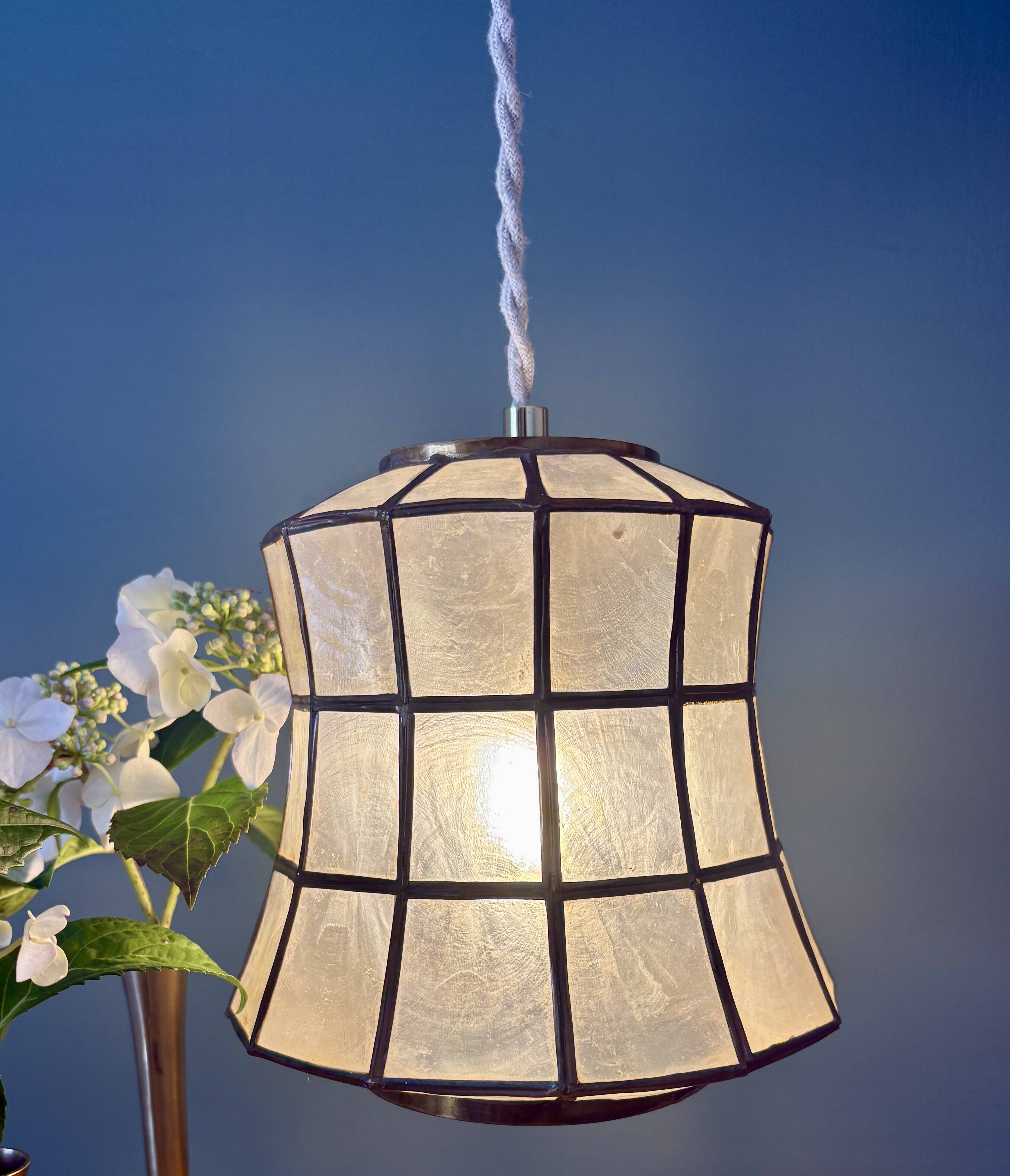 Vintage mother-of-pearl and brass lampshade pendant light