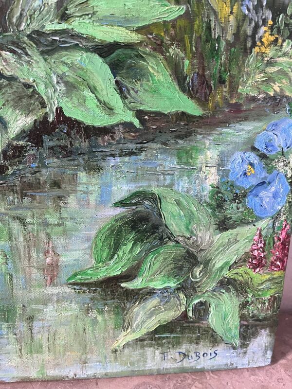 Jardin fleuri et ruisseau, signé