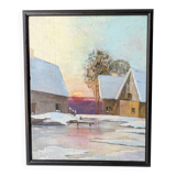Vintage oil painting, rural winter landscape, 1960s