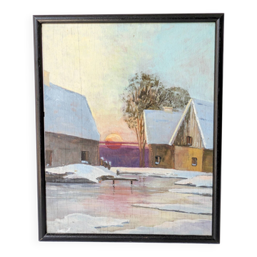 Vintage oil painting, rural winter landscape, 1960s
