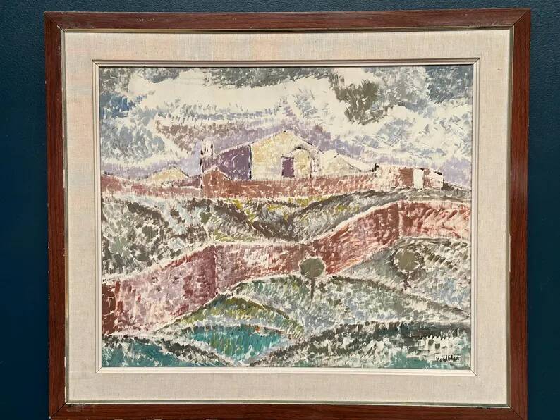 Original Swedish Oil on Canvas – "Landscape with Buildings" by Gösta Nordblad – Signed – Vintage and Framed