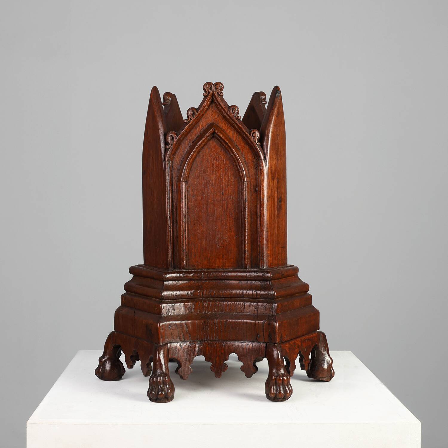 Neo-Gothic Oak Umbrella Stand with Sculptural Carving, France, 19th Century