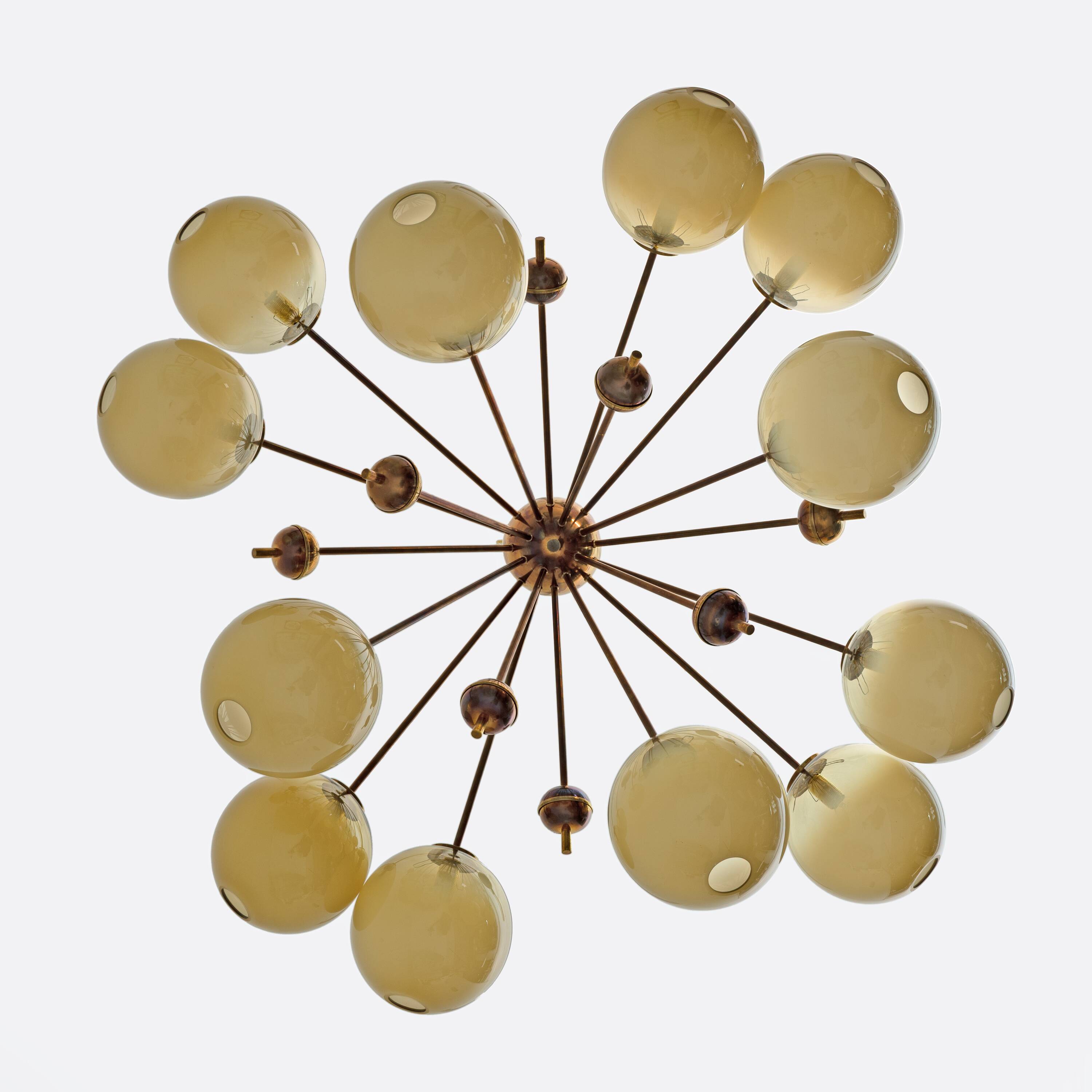 Mid-Century Italian Burnished Brass and Murano Glass Large Sputnik Chandeli