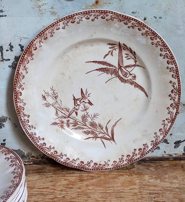 Sept assiettes à dessert terre de fer aux oiseaux f.f.Pexonne fin XIX ème