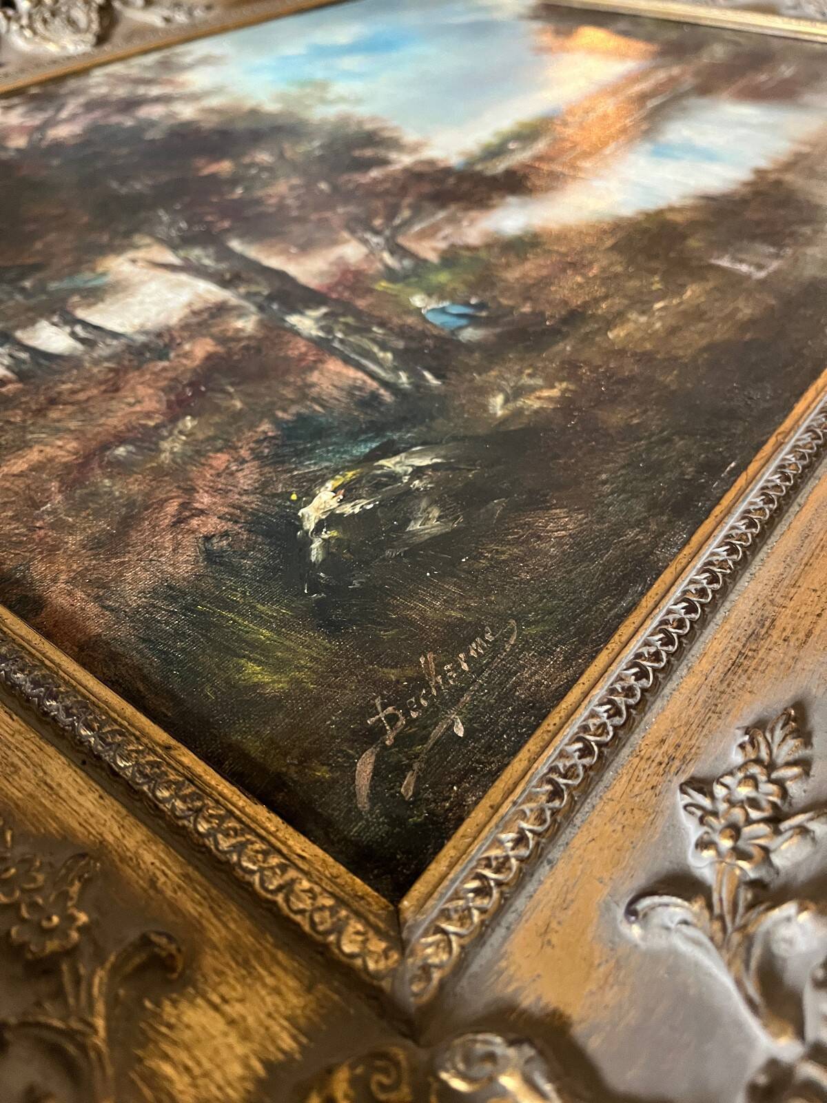 Tableau HST "Animated Lakeside Landscape" by Barbizon school, signed Décharme.