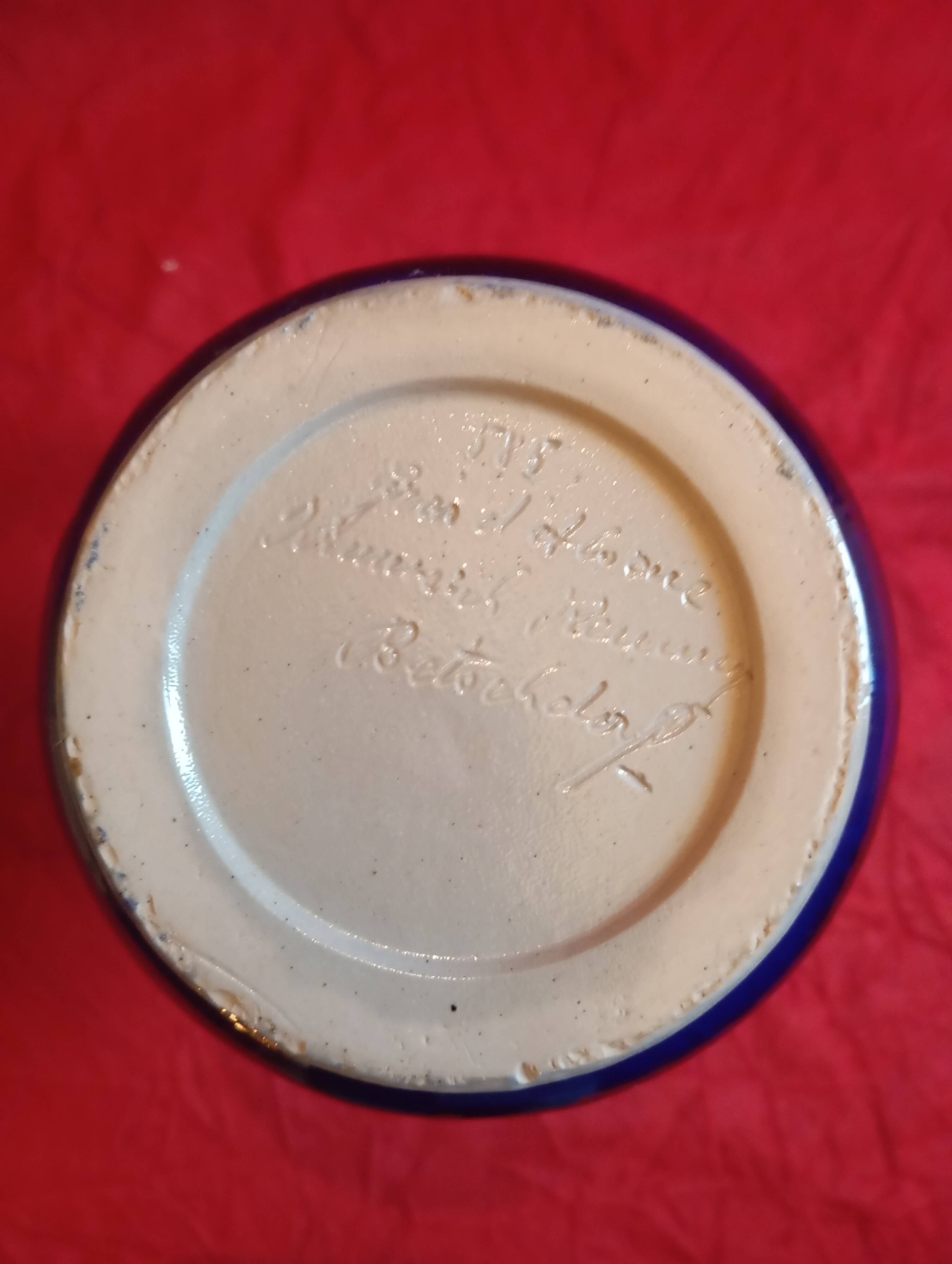 Blue stoneware pitcher from alsace signed "schmitter remmy betschorf"