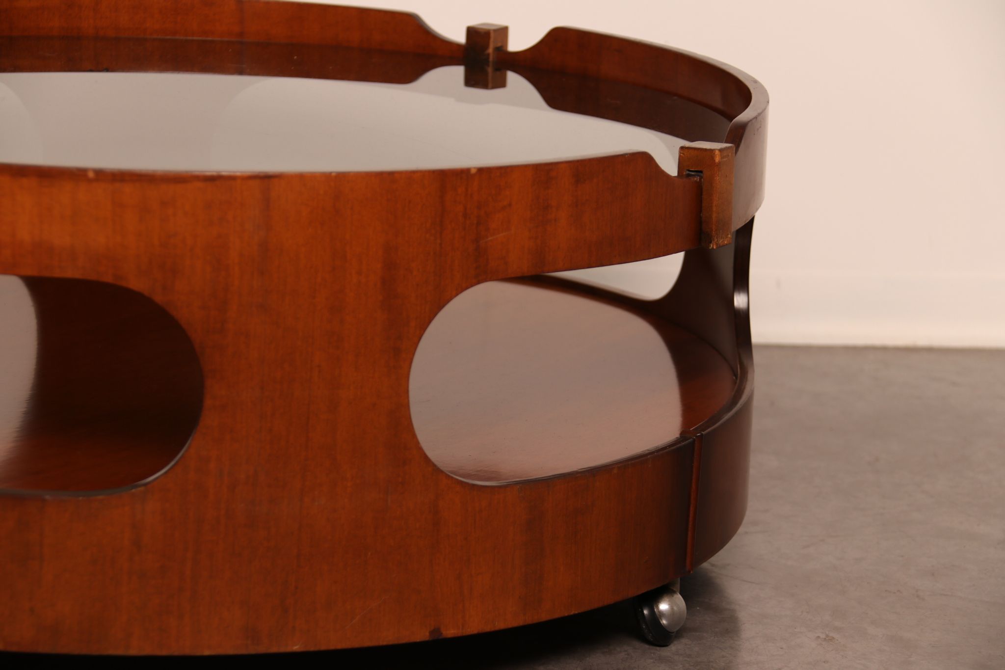 Round coffee table  Frame in plywood- top in smoked glass  Italy - 1960's