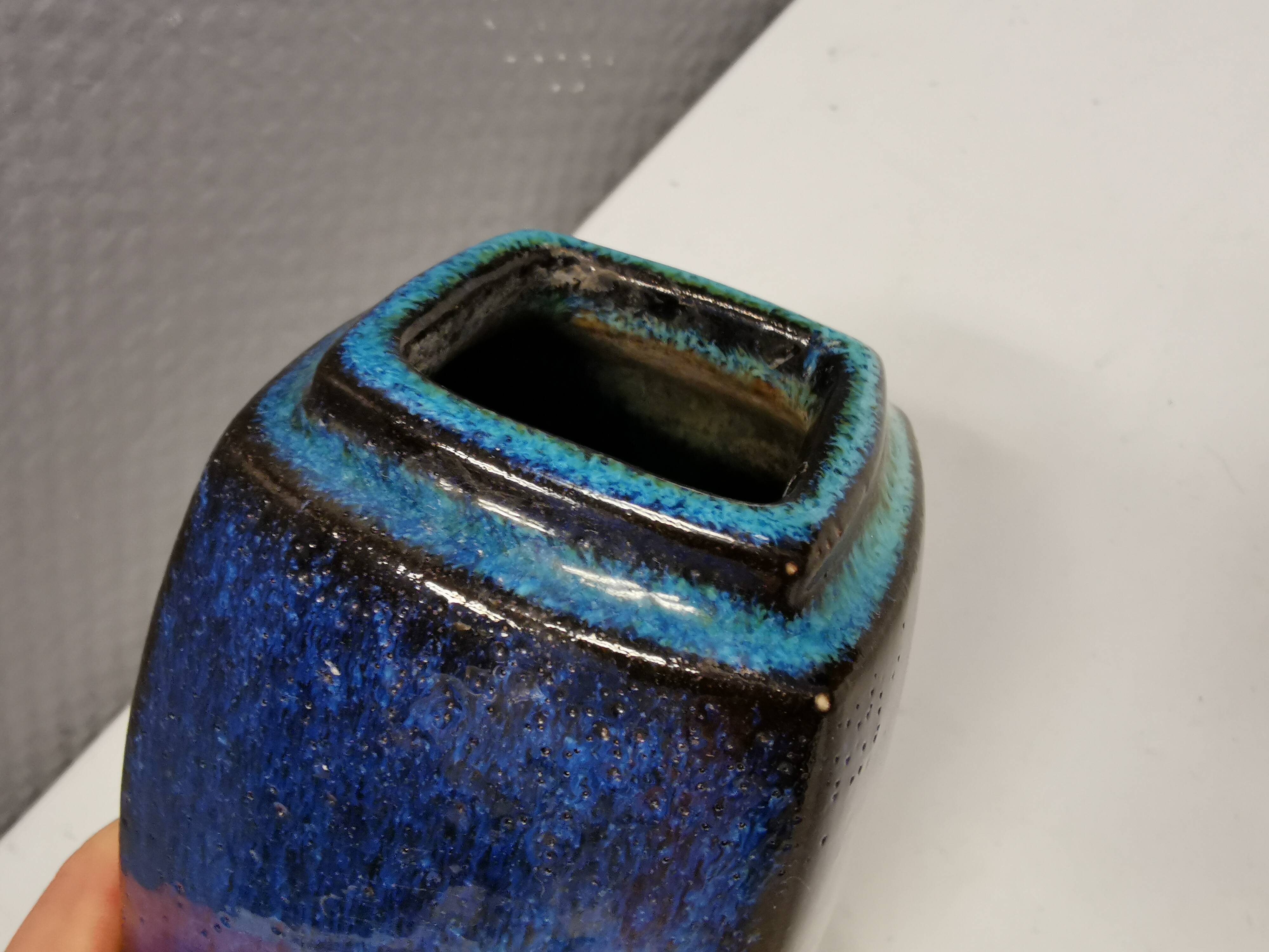 Vase in several shades of blue, from Danish Stogo art pottery. Estimated 1970-1980s