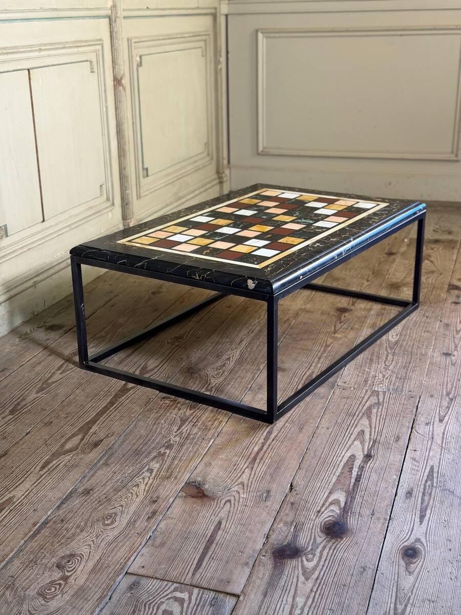 Coffee table, marble samples, custom metal base.