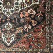 Antique handmade Hamadan Persian rug, ivory medallion on dark background 148x103.