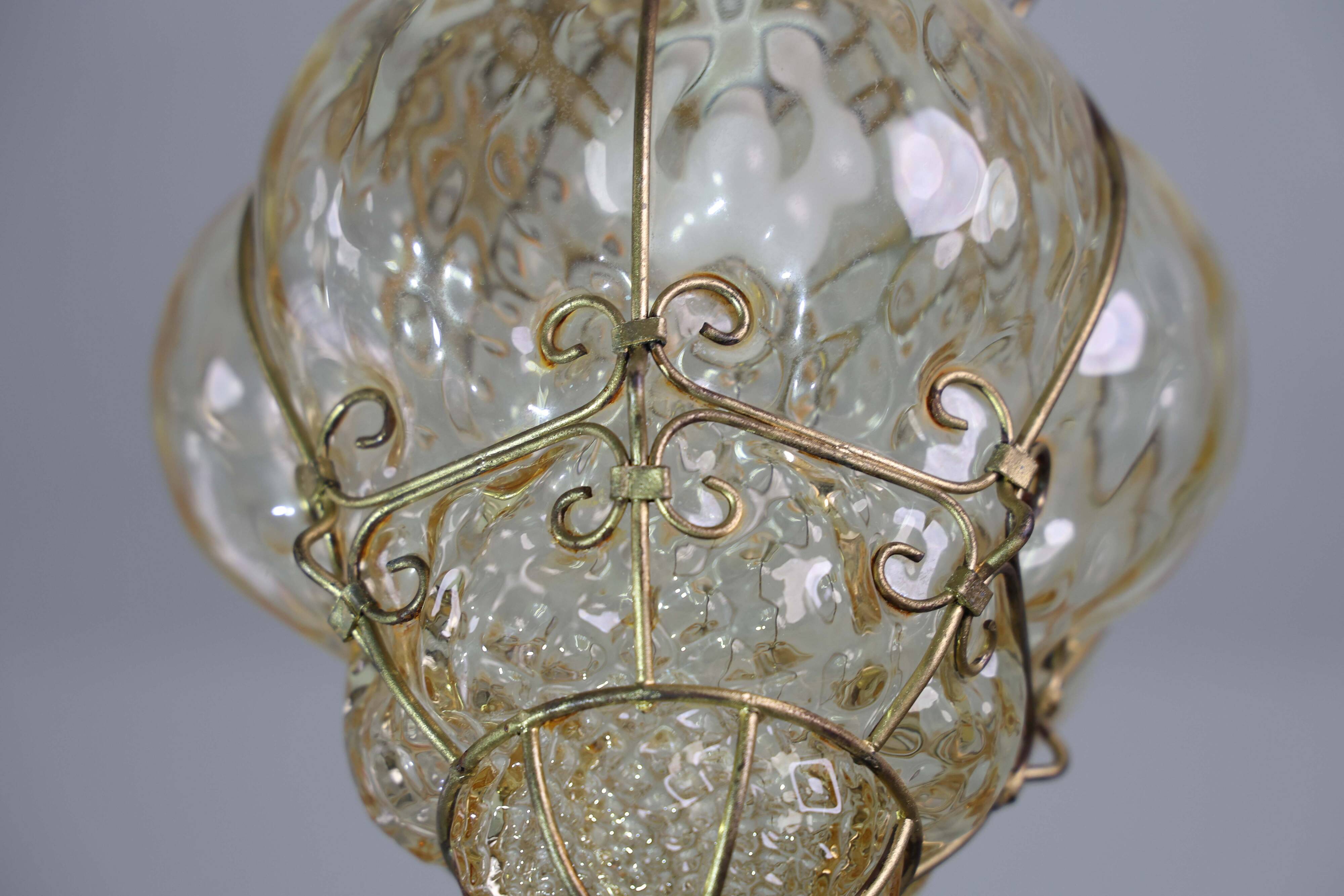 Set of 2 Wonderful Amber Vintage Venetian Lantern, Murano Glass, Italy, 1950s