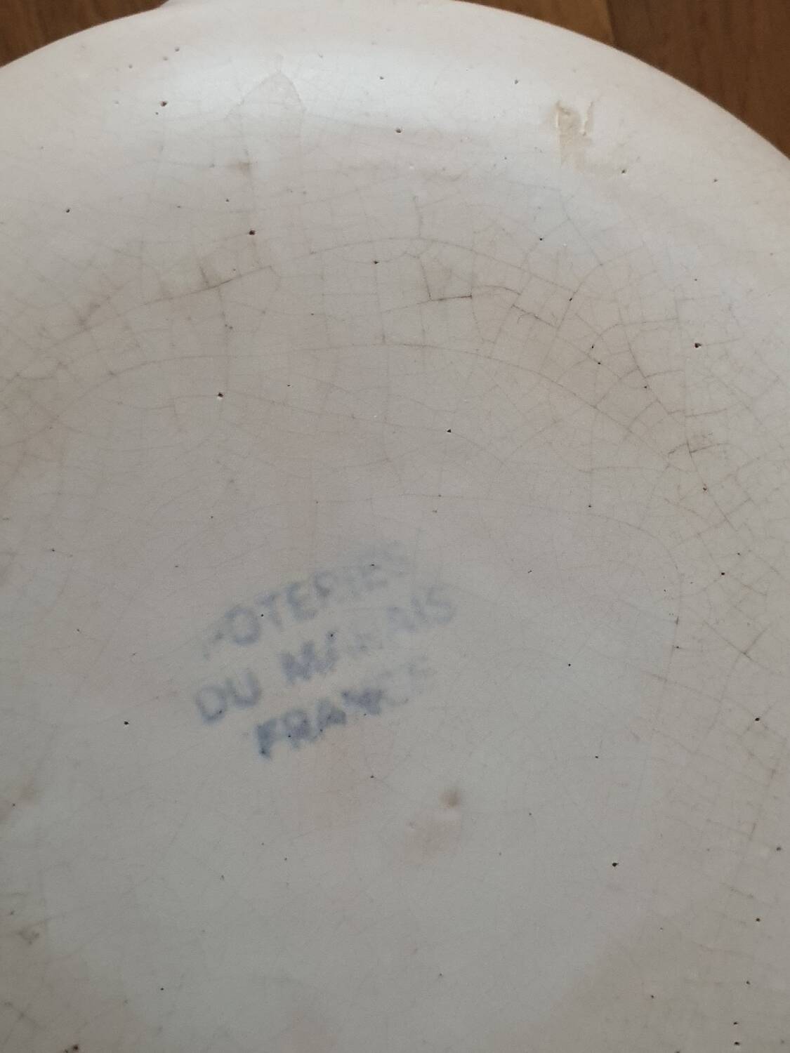 Vintage fondue pot, Marais pottery, hand-painted blue floral decoration