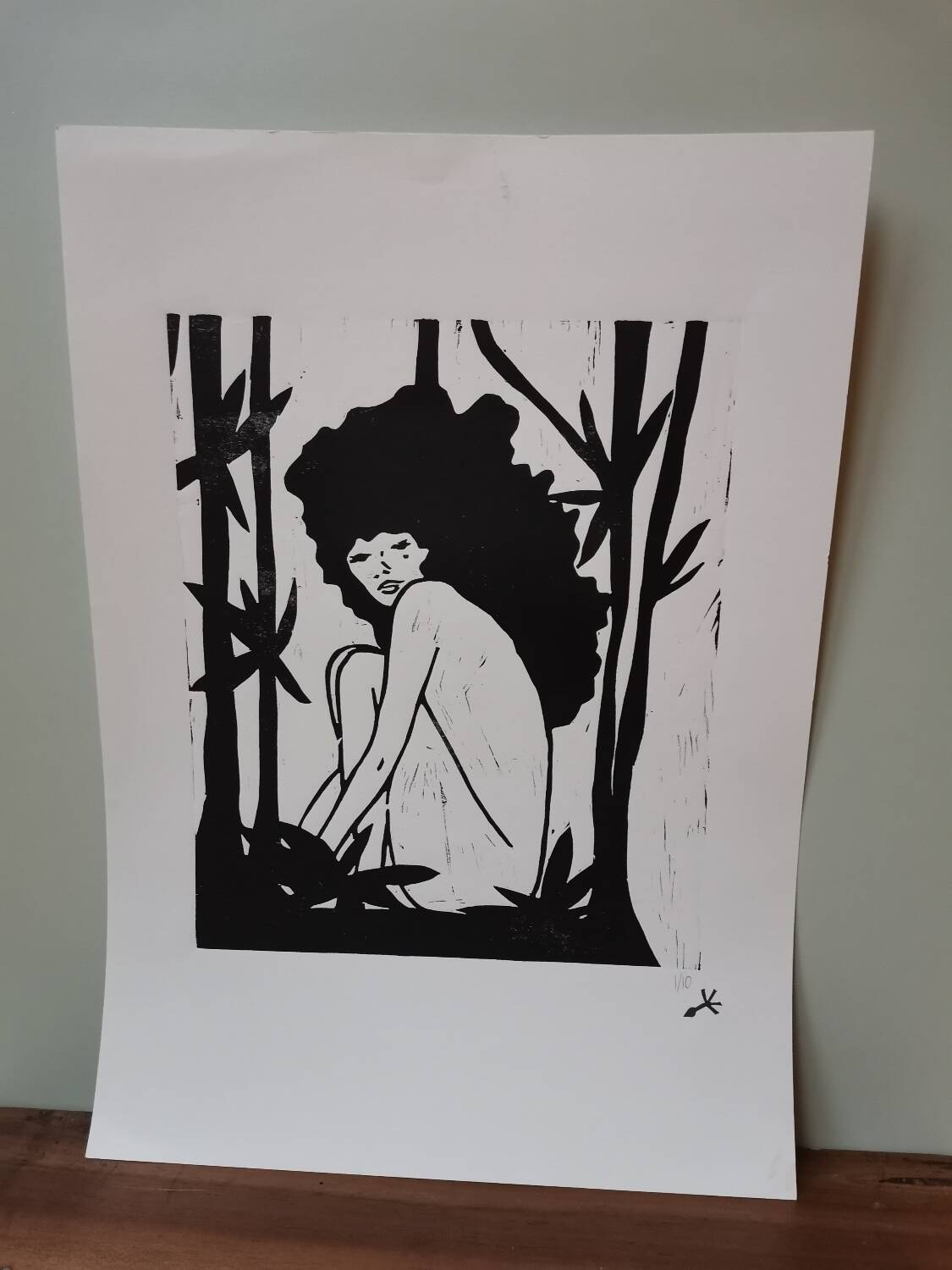 Woodcut engraving original print stamped numbered woman in the jungle motif