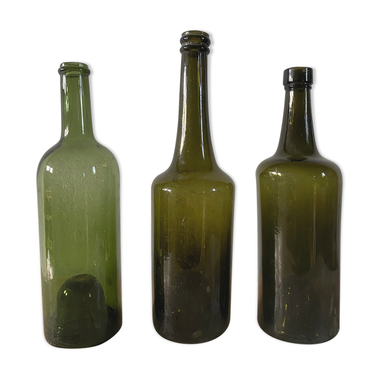 Set of 3 old blown glass bottles