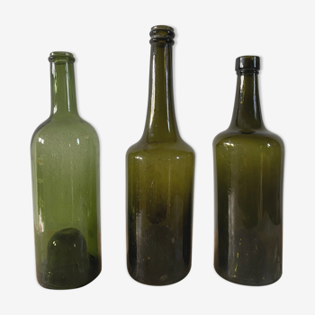 Set of 3 old blown glass bottles