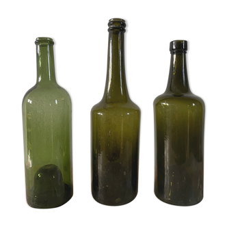 Set of 3 old blown glass bottles