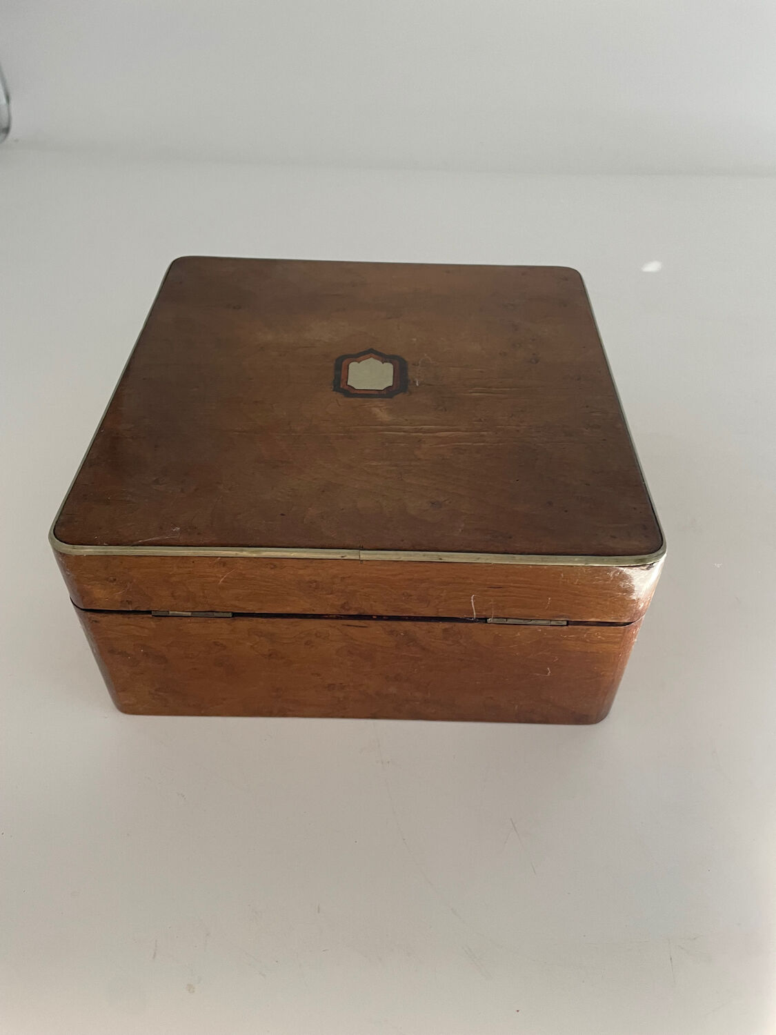 Old square wooden box, a bit of marquetry, padded, box.