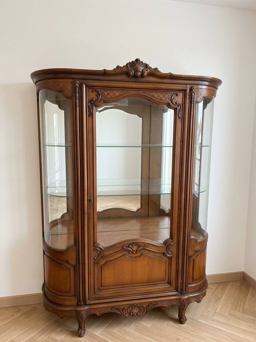 Louis XV display cabinet ensemble in solid brown wood.