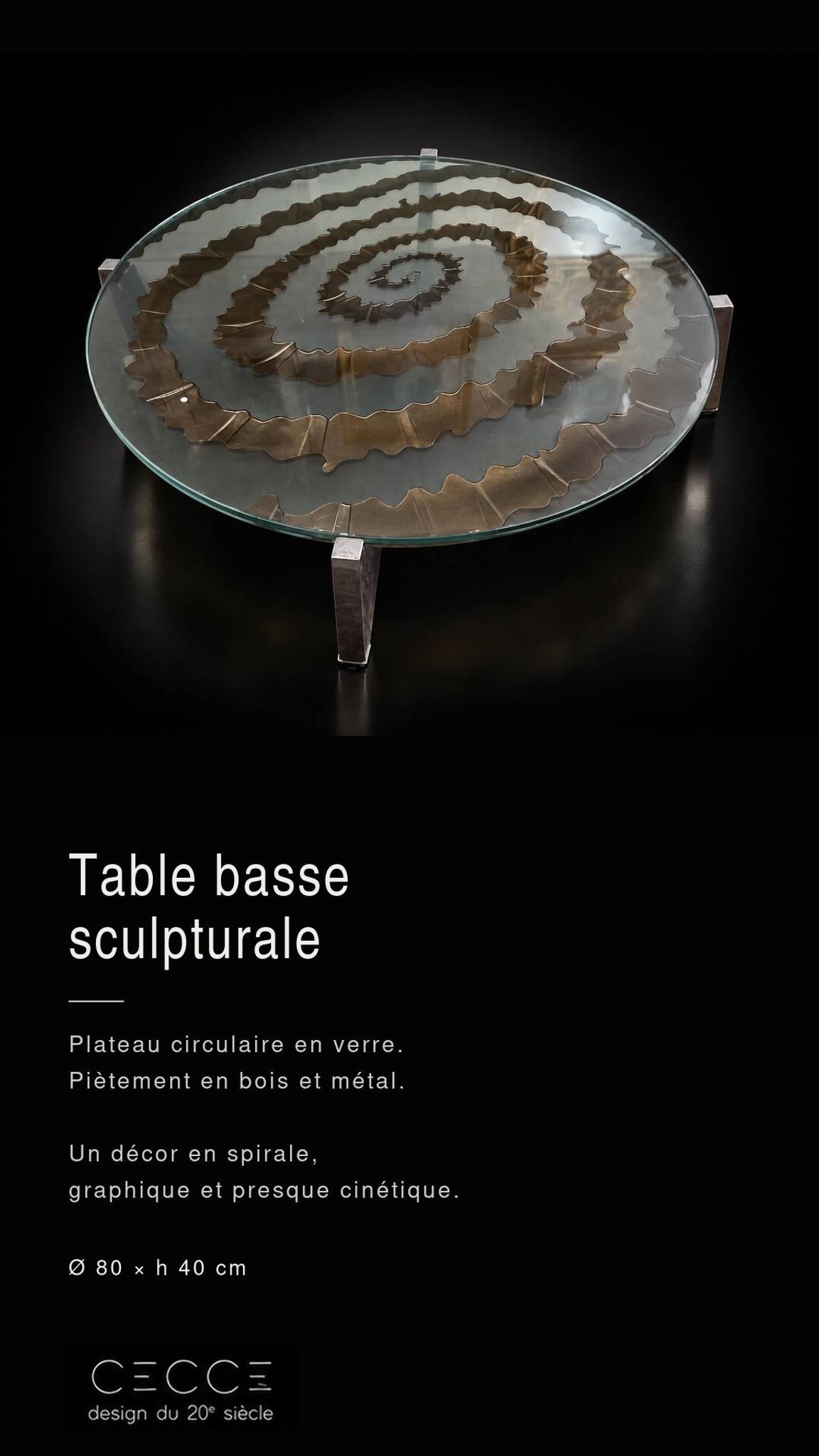 Round coffee table with double glass top, spiral carved decoration.