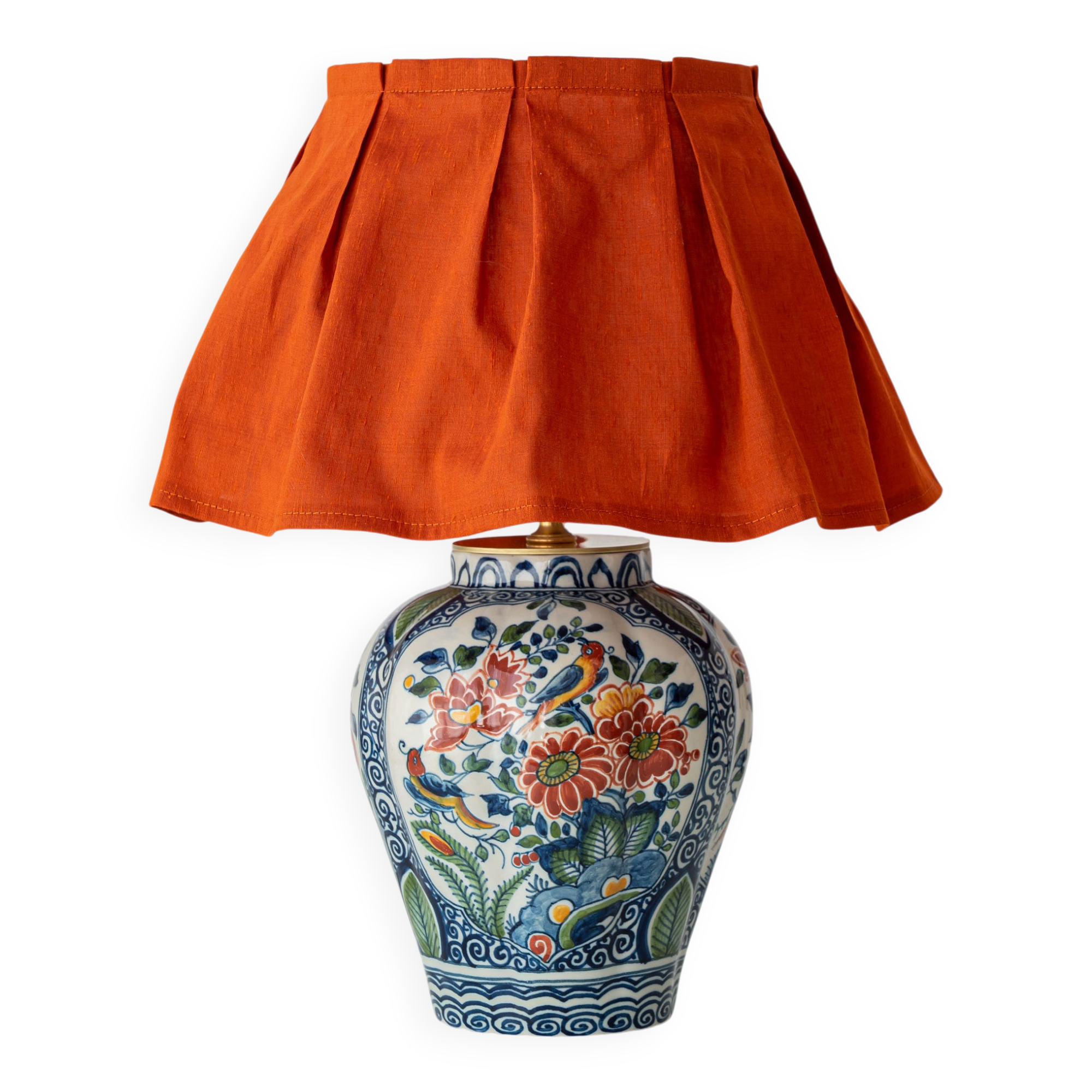 Delft Polychrome Chinoiserie Table Lamp, Tichelaar Makkum, New Silk Shade