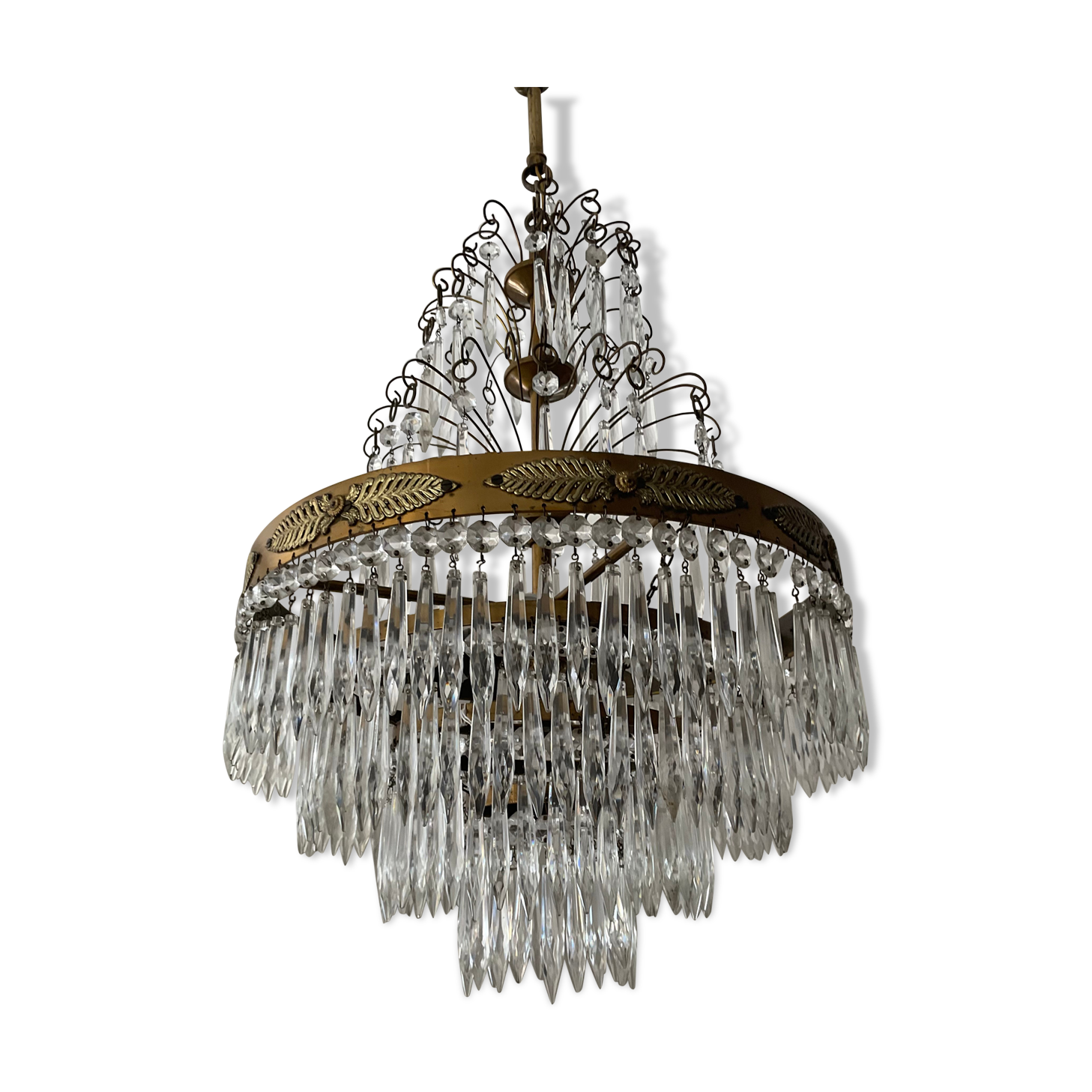 Old Crystal Grapevine Waterfall Chandelier and Solid Bronze Frame