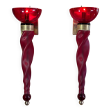 Pair of 62 cm murano torchere wall lights in red tinted glass and brass