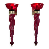 Paire d appliques torcheres murano en verre teinté rouge et laiton de 62 cm