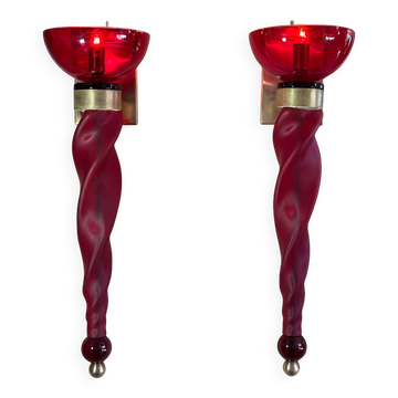 Pair of 62 cm murano torchere wall lights in red tinted glass and brass