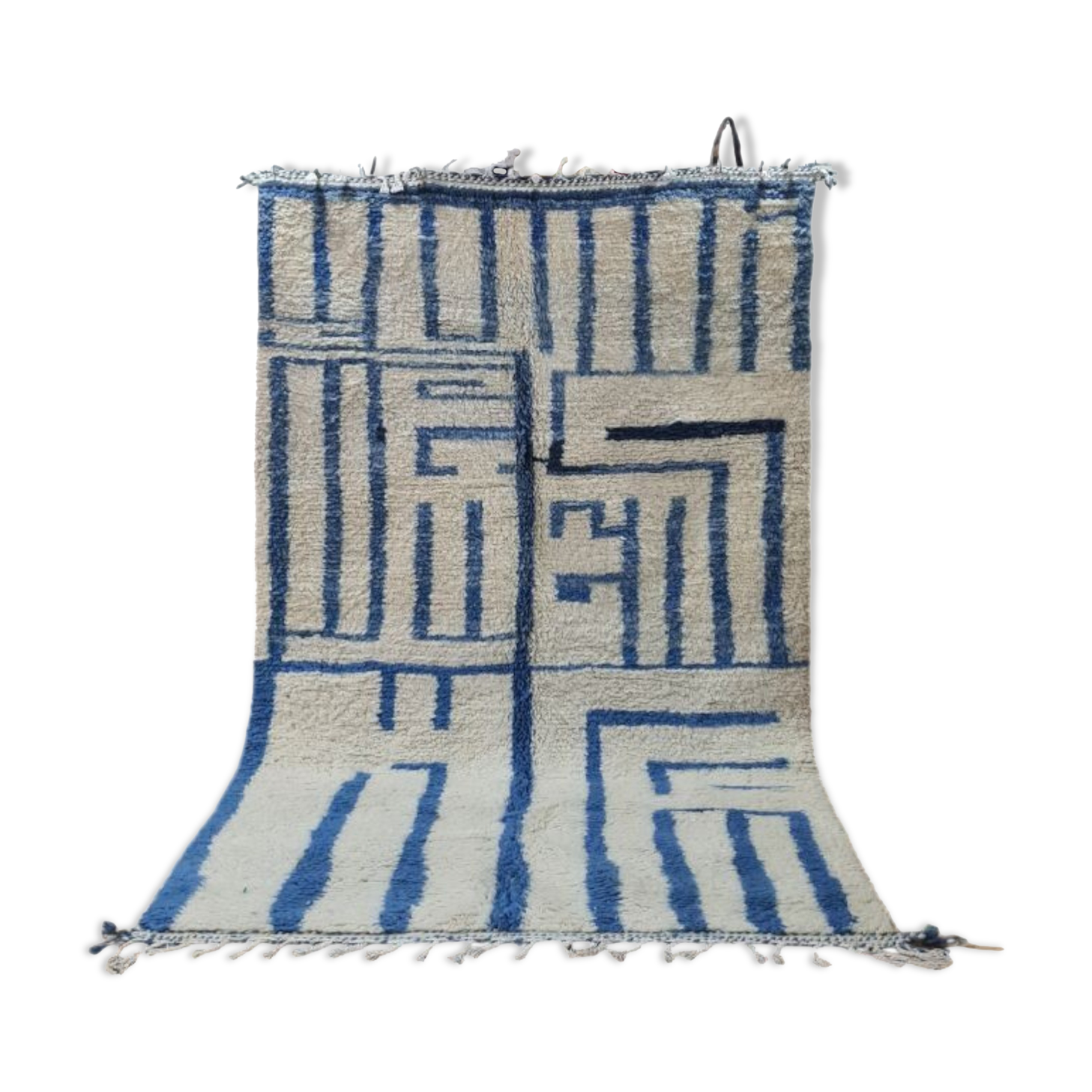 Tapis berbère Beni Ourain fait main au design minimaliste de lignes bleues – 250x150 cm
