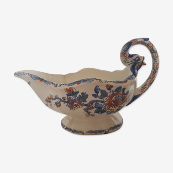 Old sauer in GIEN earthenware, decoration with rooster and peonies, dolphin handle