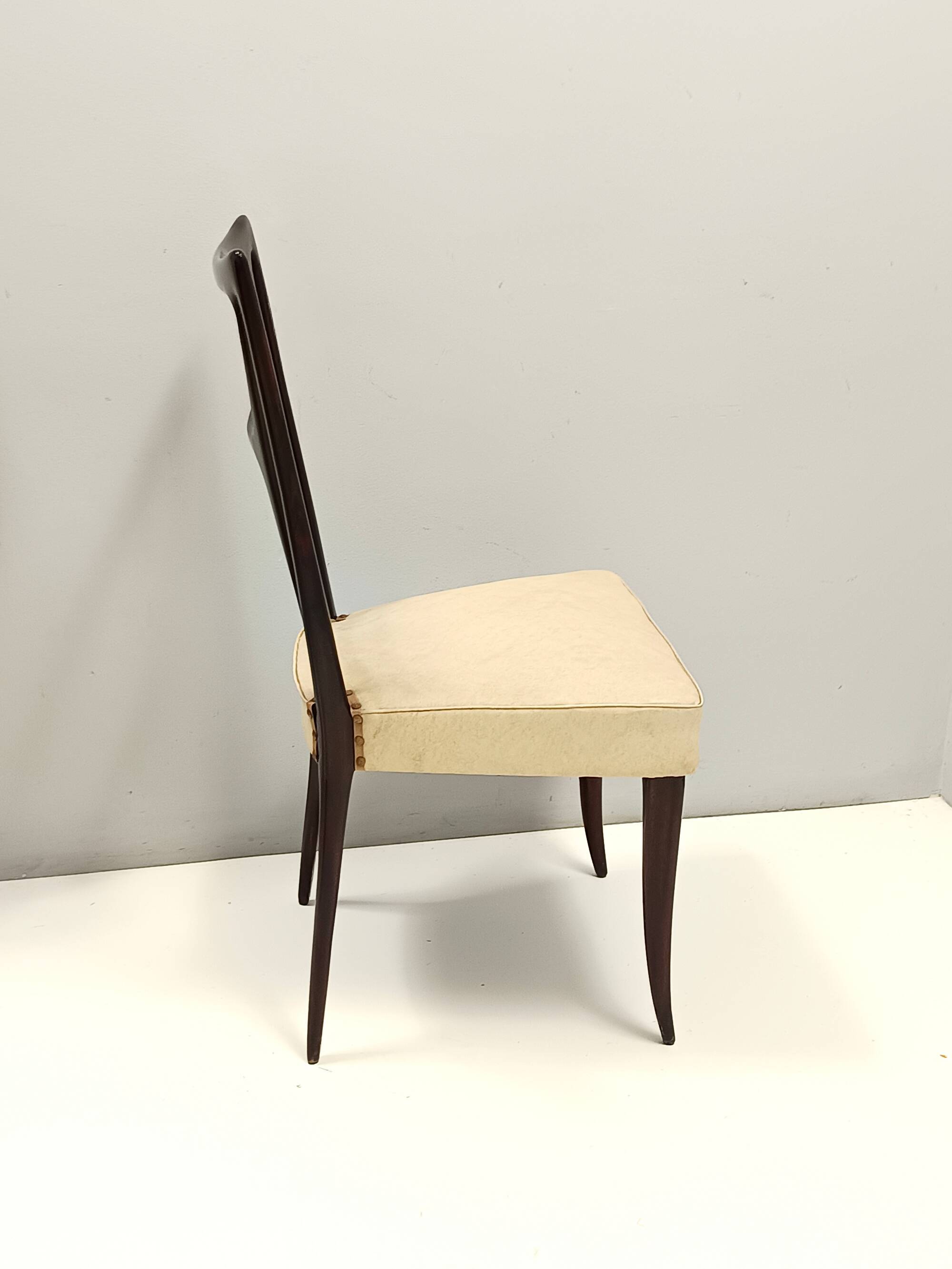 Set of Six Ebonized Beech Dining Chairs with Ivory Skai Upholstery, Italy