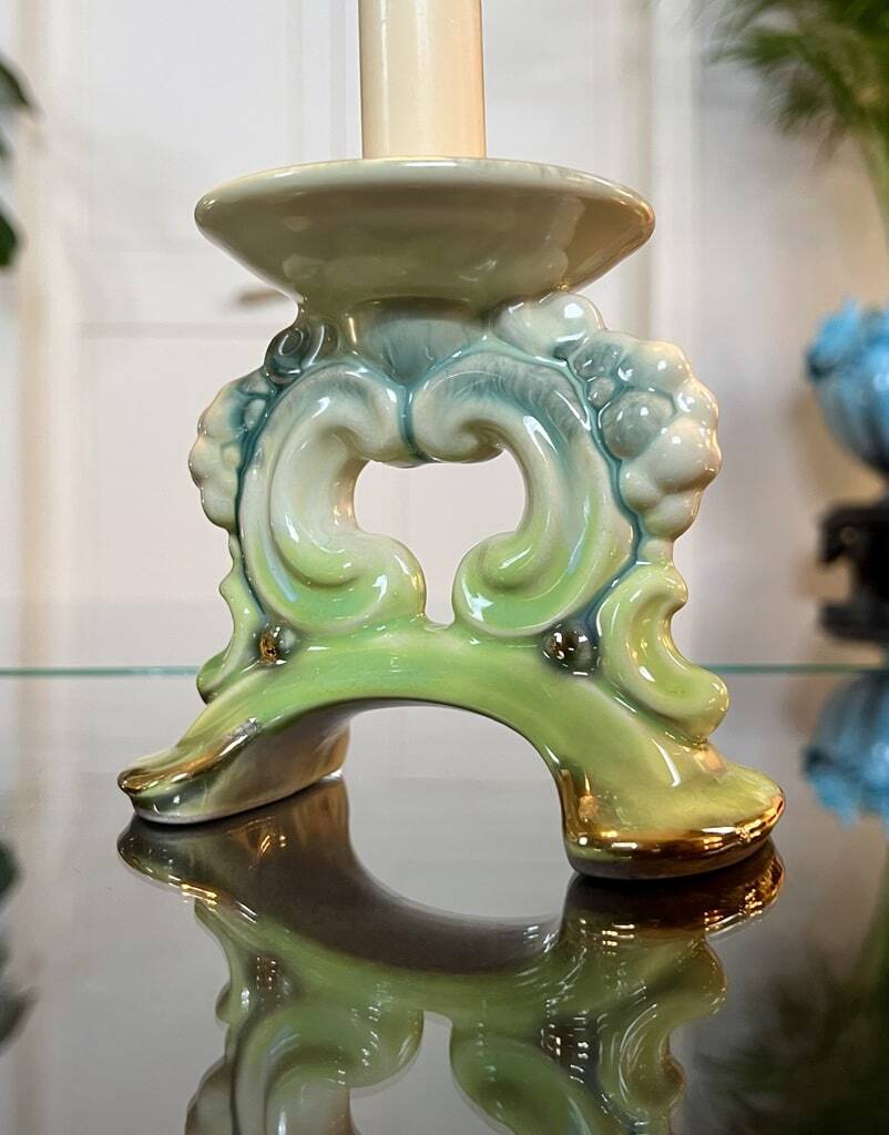 Paire de bougeoirs vintage - faïence céramique verte et bleue - bougies décoration