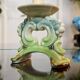 Paire de bougeoirs vintage - faïence céramique verte et bleue - bougies décoration
