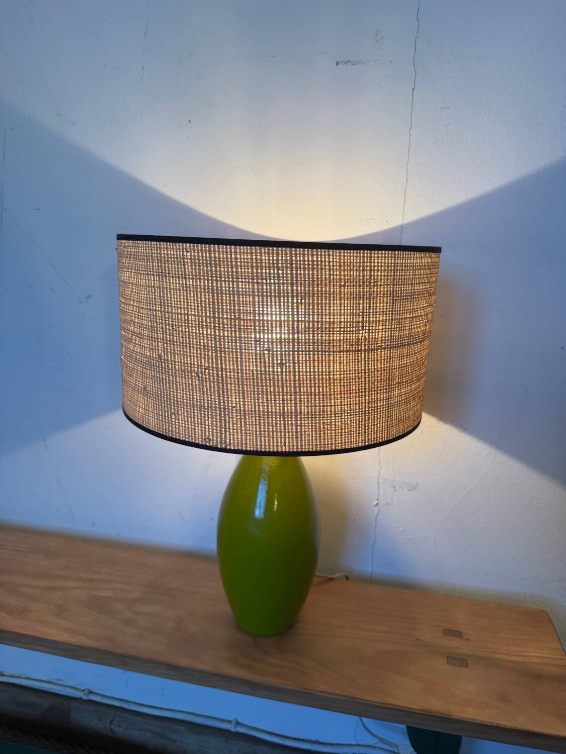 Vintage green glazed ceramic lamp and cane shade