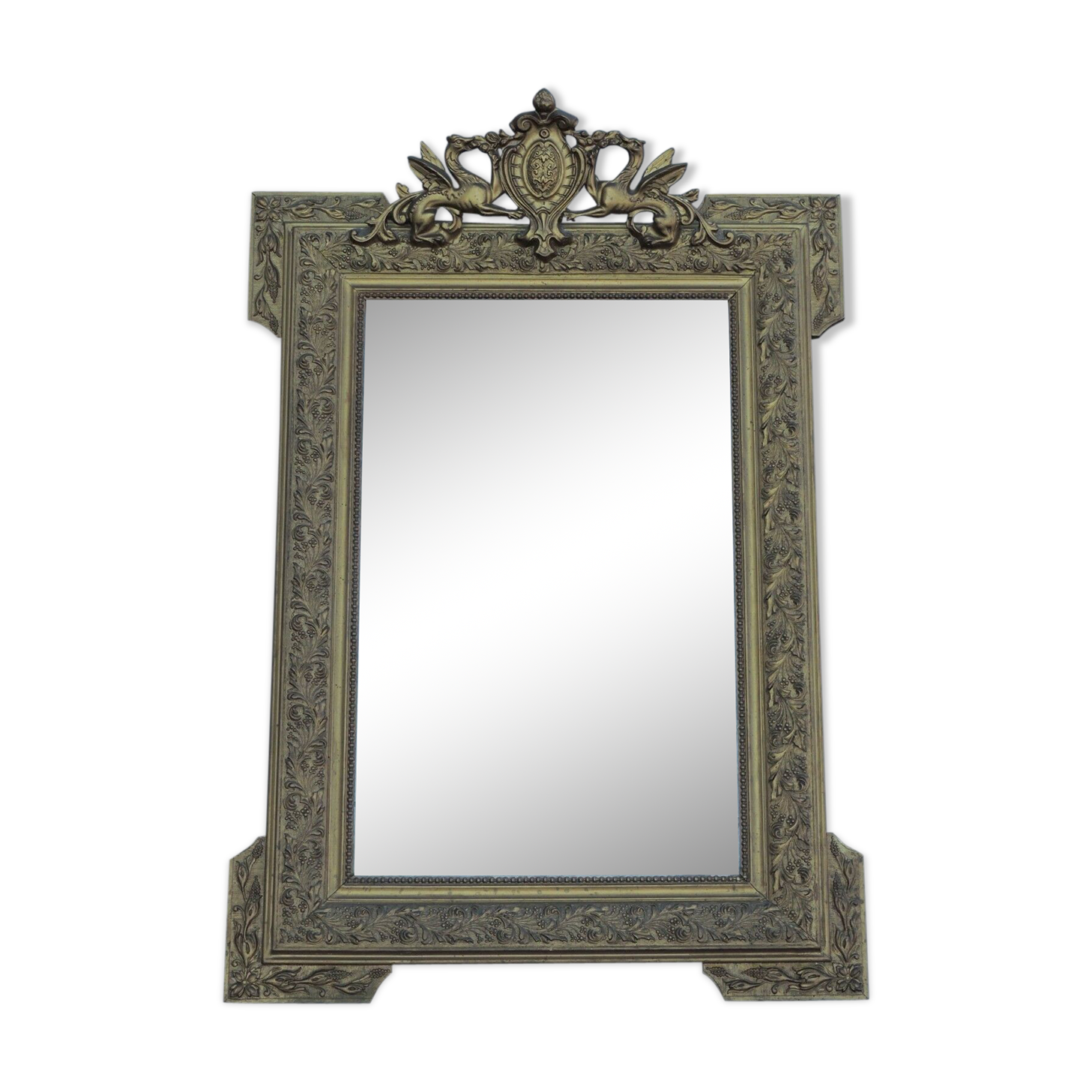 Glass or golden mirror of old fireplace 67x100cm pediment with chimeras