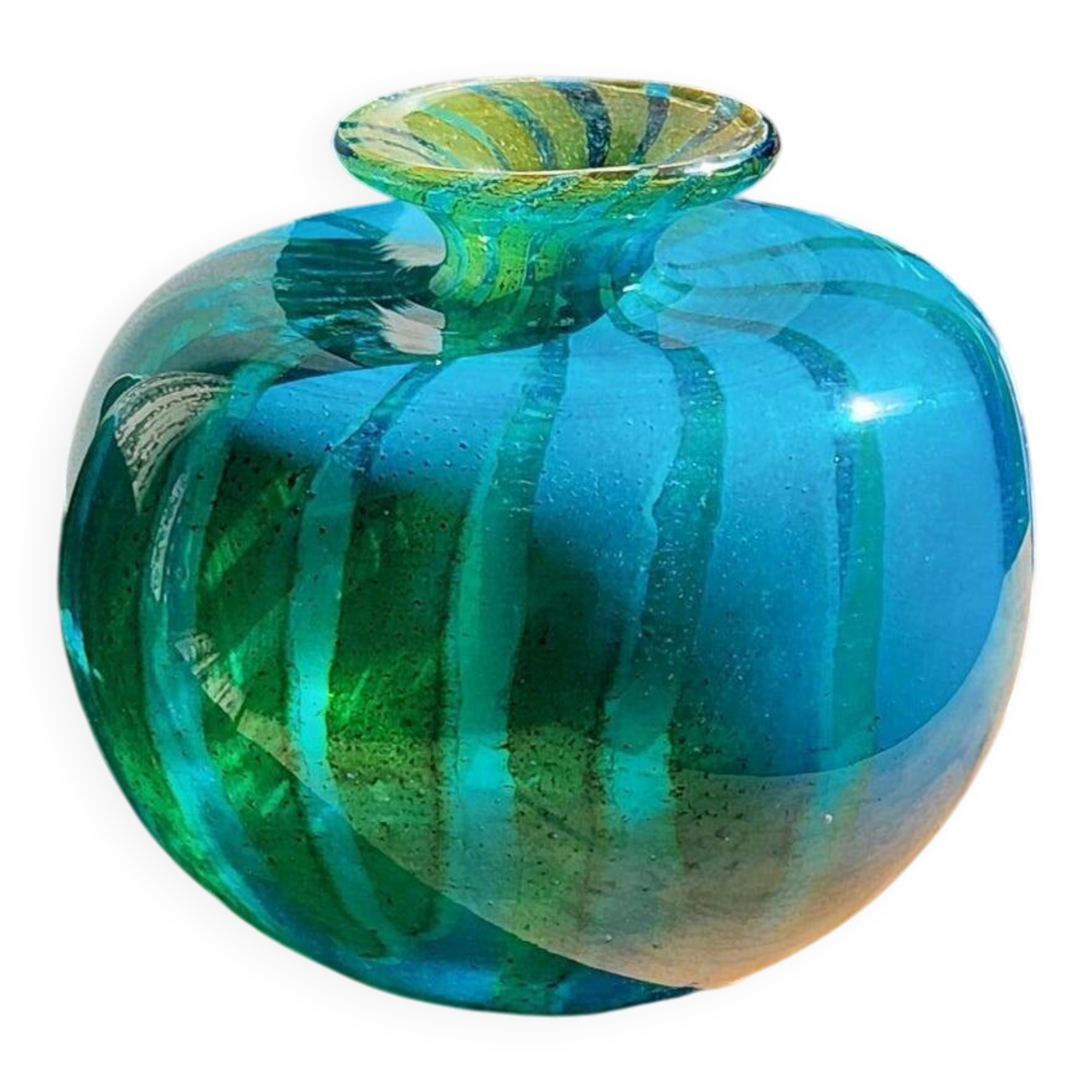 Vintage 1976 Mdina Glass Ming Bulbous Vase Blue and Yellow Swirl Hand Blown