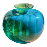 Vase bulbeux en verre de Mdina, vintage 1976, motif tourbillon bleu et jaune, soufflé à la main