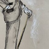 Tableau signé fusain et or iridescent portrait gentleman « Dandy »