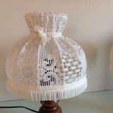 Pair of turned wooden bedside lamps and lace/vintage lampshade 60s-70s