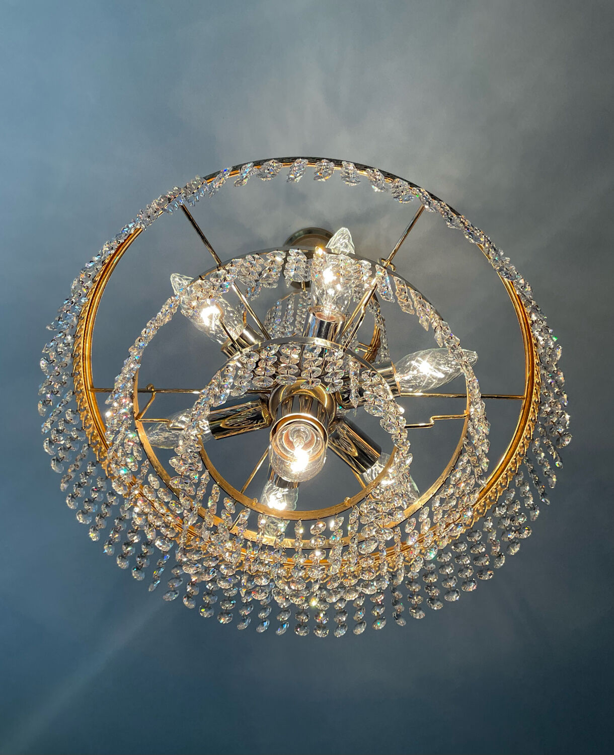 Brass chandelier and crystal tassel waterfall