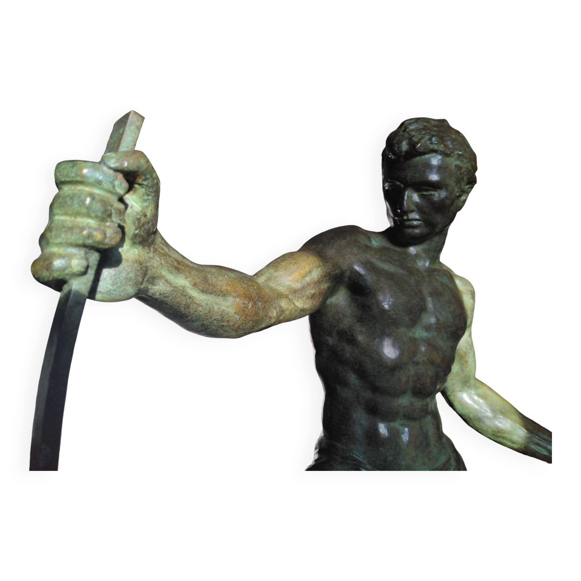 bronze sculpture athlete bending an iron bar by Jean de Roncourt on an art deco marble base