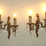 Pair of French Vintage Double Acanthus Leaf Bronze & Crystal Wall Lights 51