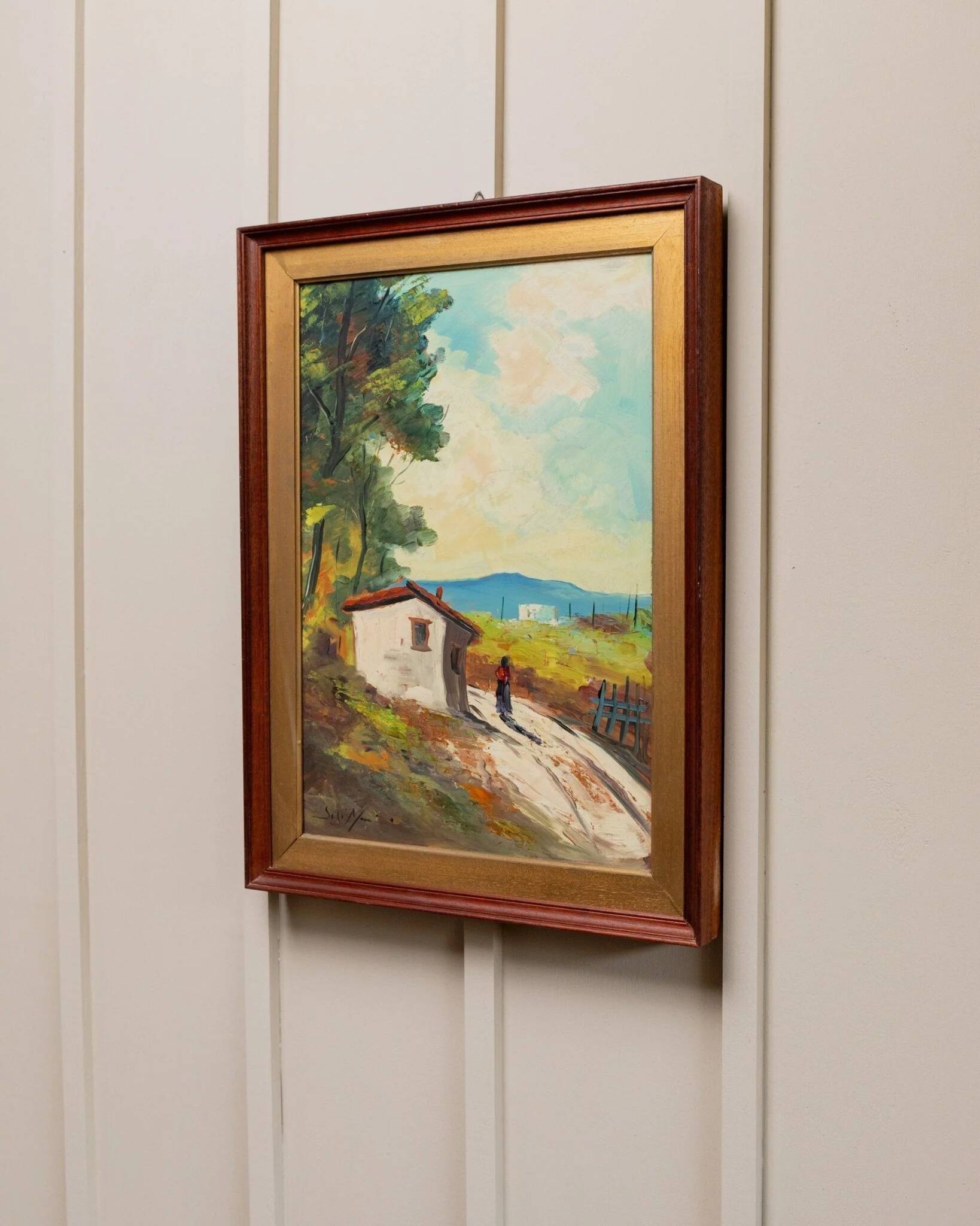 XL Vintage Oil Painting on Wood Panel in a Golden Frame, 1960s Italy Landscape with Woman