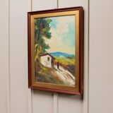 XL Vintage Oil Painting on Wood Panel in a Golden Frame, 1960s Italy Landscape with Woman